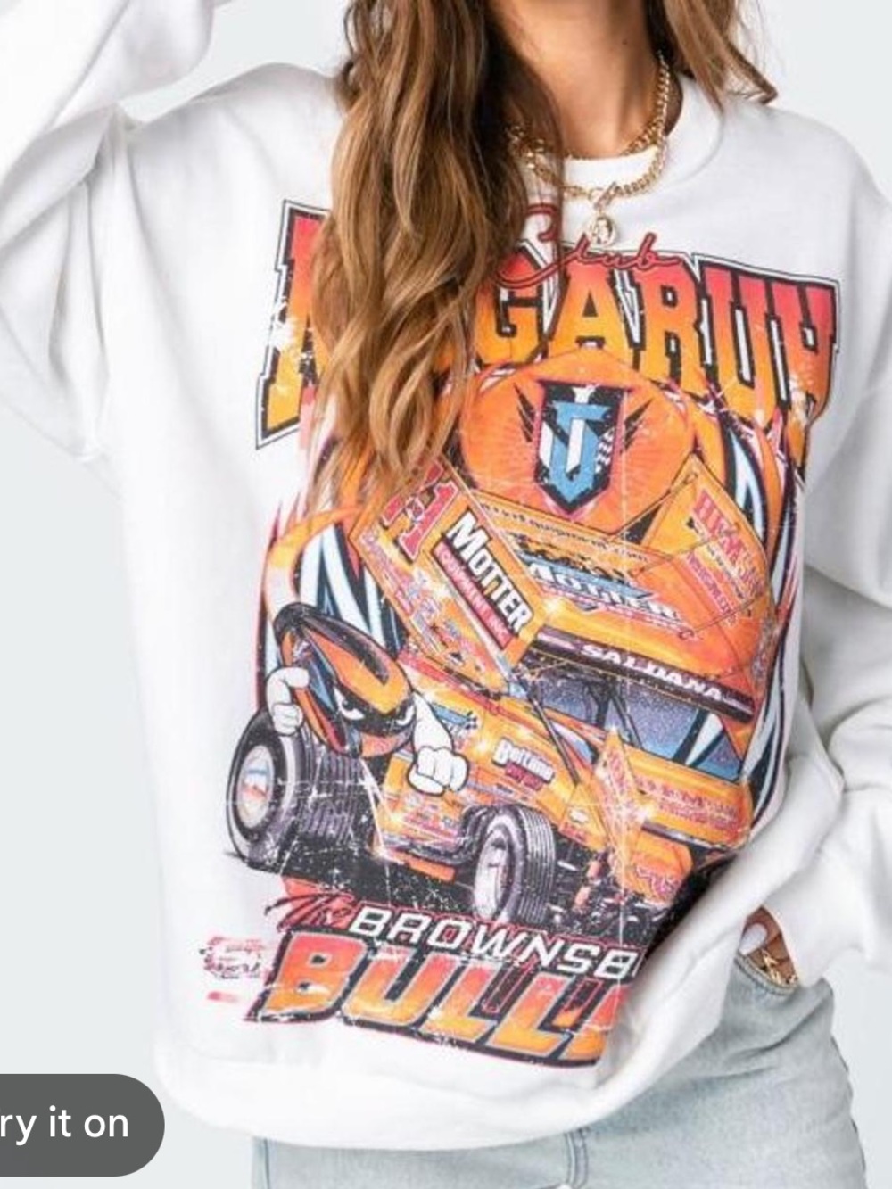 EDIKTED WOMENS RACING GRAPHIC CREWNECK SWEATSHIRT WHITE MEDIUM